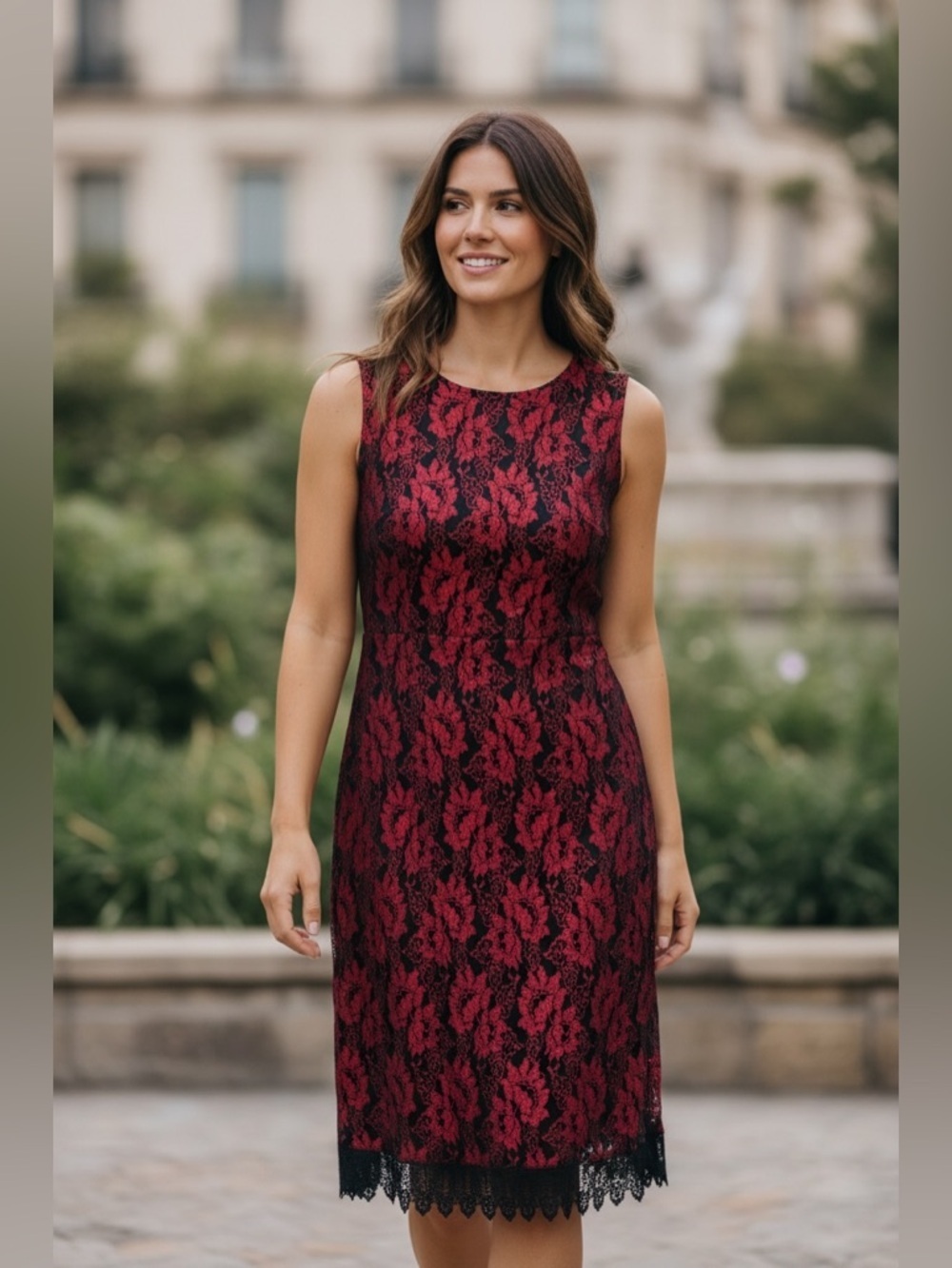 Vintage Sleeveless Jolibel Red/Black Lace Floral Dress-Shows Size 10